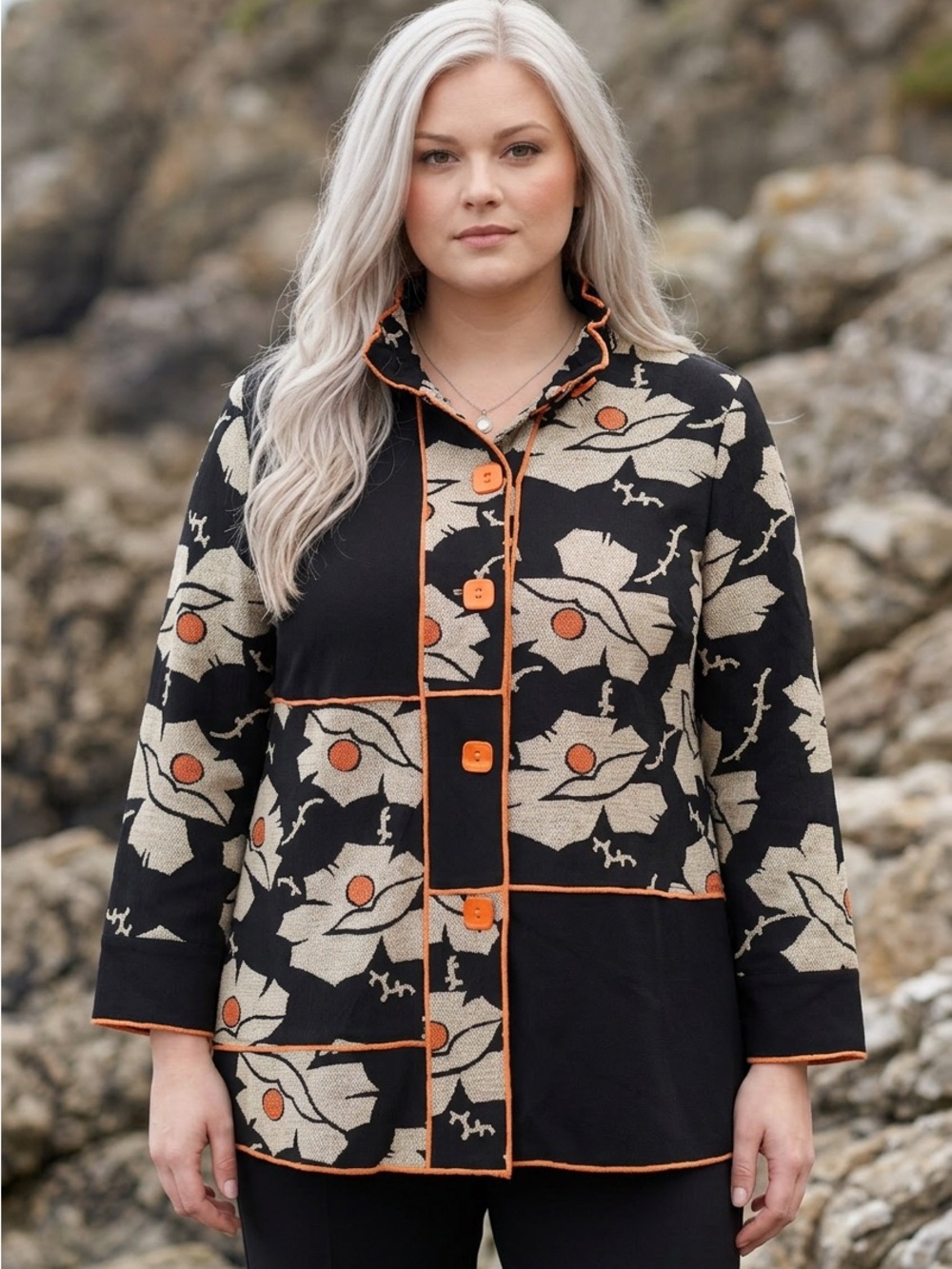 Minkas Stylish Rare Artsy Black Beige Orange Floral Mandarin Jacket-Size XXL